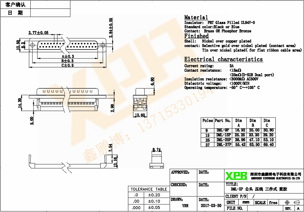 DML-15P 公头 压线三件式连接器规格书