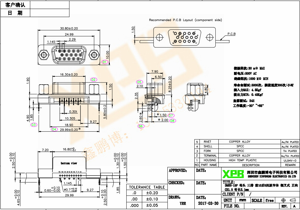 DMRH-15P 母头 三排 前10后5沉板窄体 侧叉式连接器规格书