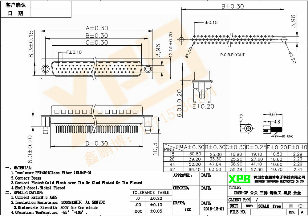 DMSH-XP 公头 三排 铆鱼叉连接器规格书